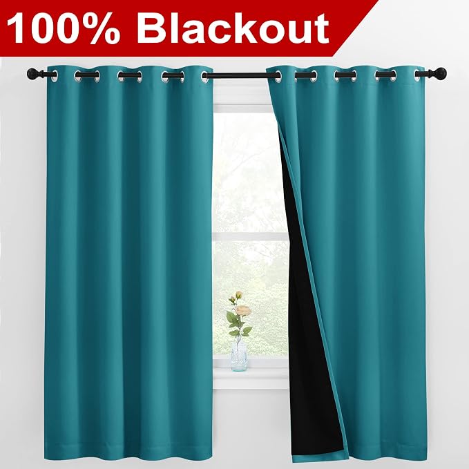 NICETOWN 100% Blackout Curtains with Black Liner, Thermal Insulated Full Blackout 2-Layer Lined Drapes, Energy Efficiency Window Draperies for Bedroom (Peacock Teal, 2 Panels, 55-inch W by 68-inch L)