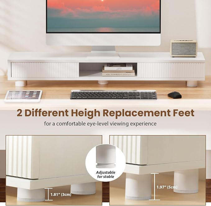 Artswish 42" White Dual Monitor Stand with Power Outlet & Storage Drawer | 42" Monitor Riser for Home Office, Built-In Power Outlet, Hidden Storage & Darwer, Adjustable Height