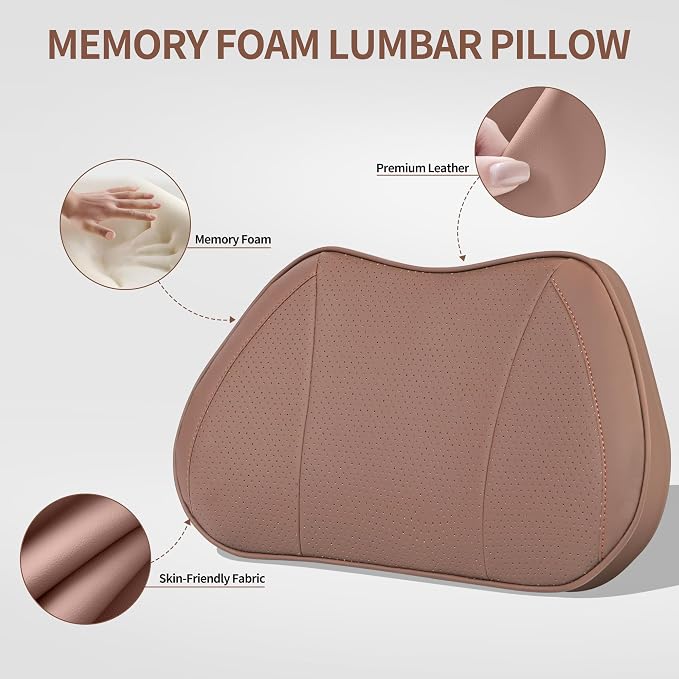 Car Lumbar Support Pillow for Driving Seat, Brown, 1 Pack | Leather Memory Foam Lumbar Cushion for Lower Back Pain Relief, Universal Back Support for Driving, Home & Office Chairs