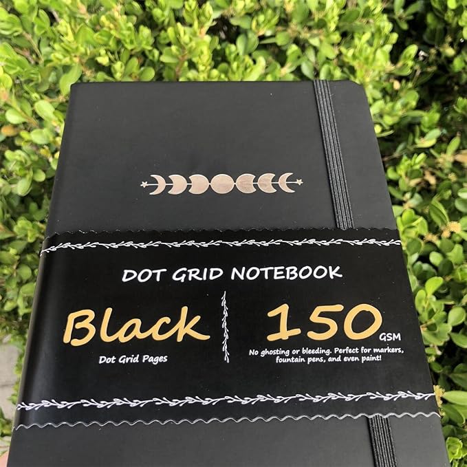 BUKE Dotted Journal - Dot Grid Notebook - 150gsm No Bleed Black Paper - 160 Black Pages - For Women and Men - A5 PU Leather Hardcover 5.75" x 8.5" and Gift Box (BKB-3)