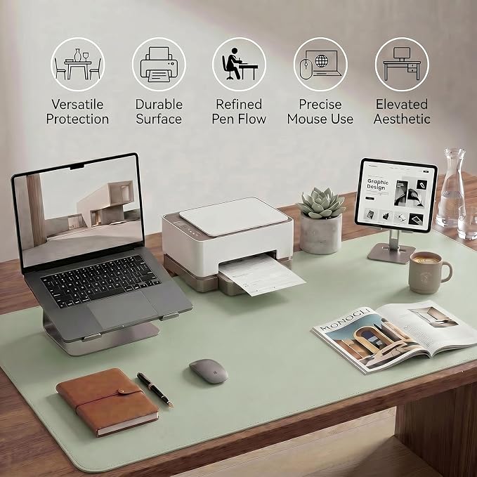 Large Desk Pad Non-Slip Desk Mat Protector for Keyboard Mouse Waterproof Vegan Leather Surface Faux Leather Laptop Mat Smooth Mouse Pad Premium Gift Tube Matcha Green 47" x 17"