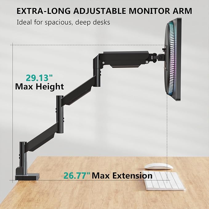 WALI Extra Long Single Monitor Arm for 17-38 inch Screens, up to 26.4 lbs | Tall Monitor Desk Mount, Full Motion with Tilt, Swivel, Rotation, C-Clamp/Grommet Base, VESA 75/100mm (GSMP001L), Black
