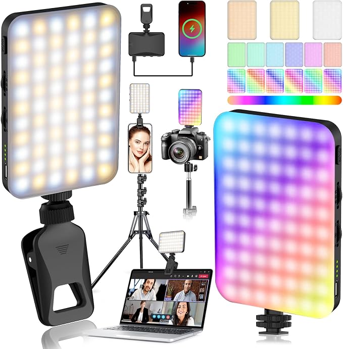 91 LED Portable Charger Selfie Light Video Conference Lighting | with Clip & Camera Tripod Adapter, Rechargeable 2000mAh, CRI 96+, 4 Light Modes, for Phone iPhone Webcam Laptop Makeup