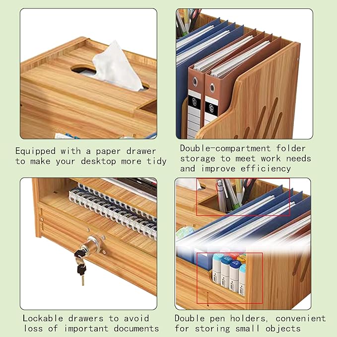 Bamboo Desk Organizer, Desktop Wood Bookshelf File Organizer, Pen Holder and Tissue Holder, 1 Drawer with lock for Office, Home, Need to Install(Cherry Wood)