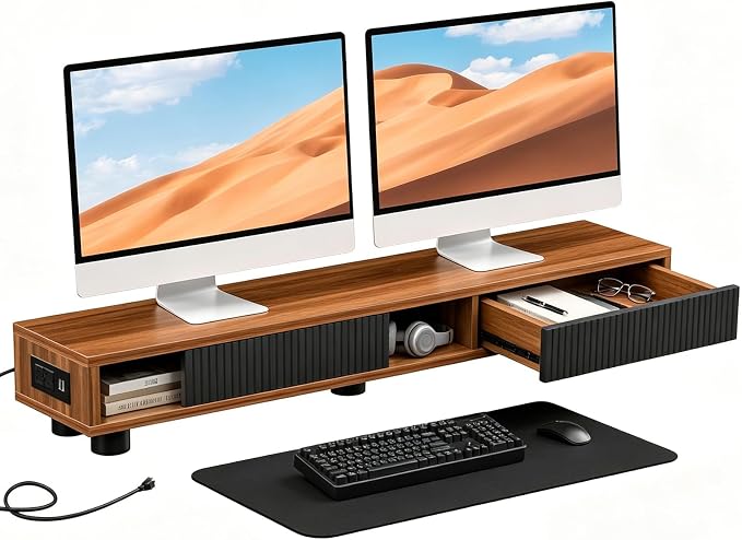 Artswish Dual Monitor Stand with Power Outlet, 42" Walnut Monitor Riser | Built-In Power Outlet, Drawer & Sliding Door Storage, Ergonomic Viewing Height, Walnut Wood Finish, For Office Work & Study
