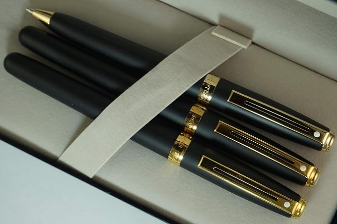 Sheaffer Signature Prelude Satin Black and 22KT Gold Appointment Solid 14kt Gold Medium Nib Fountain Pen, Rollerball Pen, 0.7MM Pencil