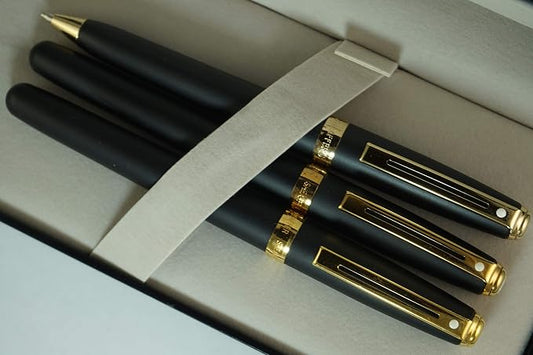 Sheaffer Signature Prelude Satin Black and 22KT Gold Appointment Solid 14kt Gold Medium Nib Fountain Pen, Rollerball Pen, 0.7MM Pencil