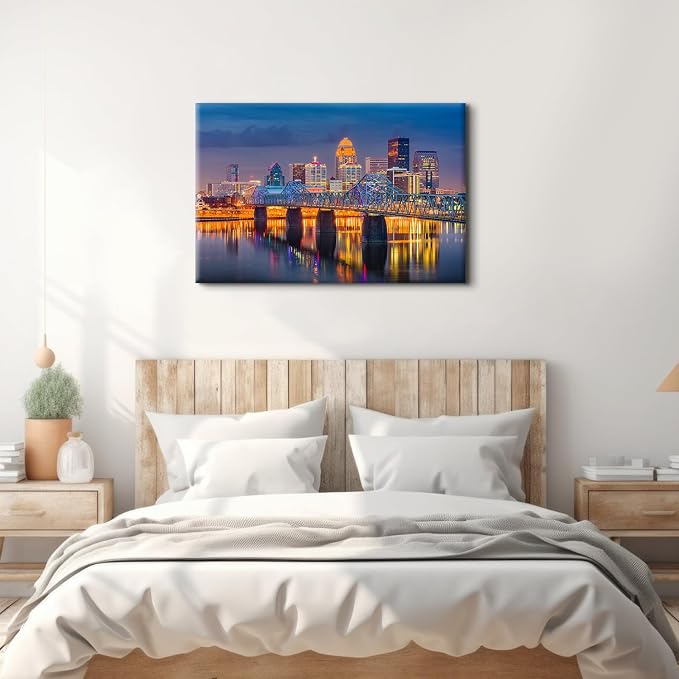Large USA Downtown Colorful Night Cityscape Canvas Wall Art Louisville Kentucky Build Scenery Pictures Wall Decor Bathroom Modern Bridge Landscape Poster Prints Painting Artwork Home Decoration 32x48"