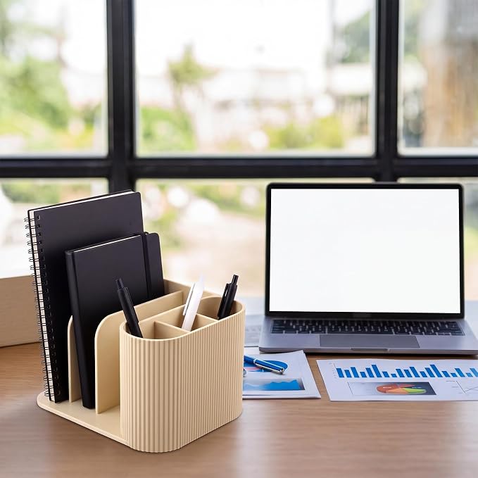 Ribbed Desk Organizer with 6 Compartments, Modern Aesthetic Desk Accessories for Men & Women, Cream Pen Holder Book Organizer Desktop Storage Caddy for Home Office School Workspace Decor