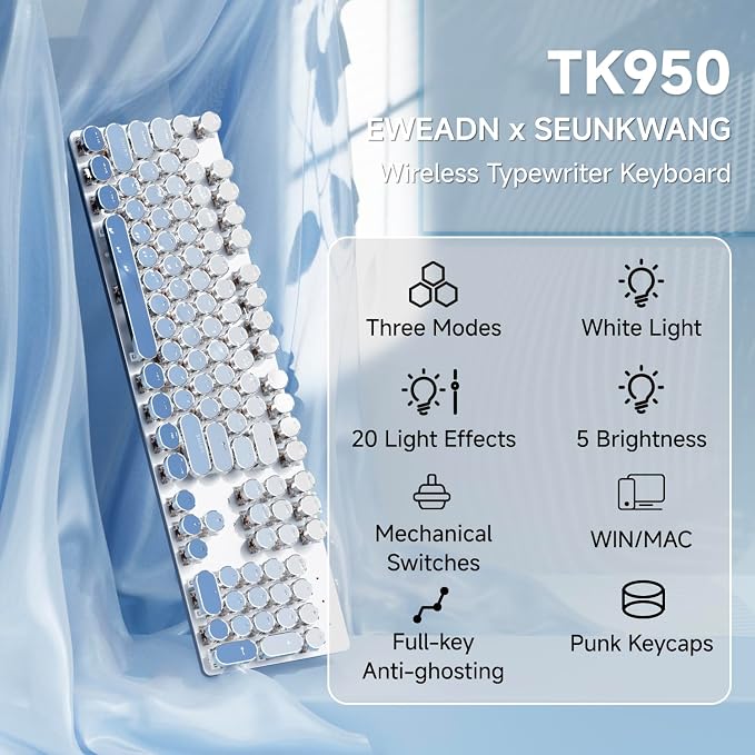SEUNKWANG EWEADN Typewriter Keyboard Wireless Mechanical Keyboard, 104 Keys Gradient Color Typewriter Keyboards with White Backlit, Anti-Ghosting, Blue Switch Bluetooth/2.4GHz/Wired Keyboards-Blue