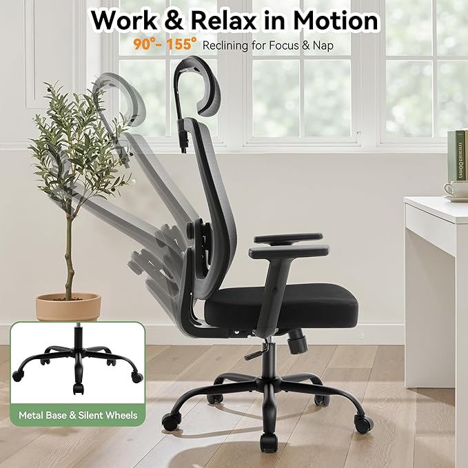 Office Chair with Mesh High Back, Ergonomic Office Desk Chair with Adjustable Lumbar Support, Rolling Work Chairs with Wheels and 3D Headrest, Black