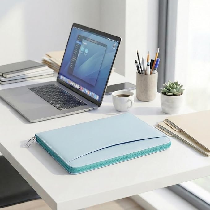 OOWOLF Padfolio Portfolio Folder, PU Leather Professional with 1 inch 3 Ring Binder 8.5 x 11 Letter Size Writing Pad Interview Resume Document Organizer Business Card Holder Zippered Closure Blue
