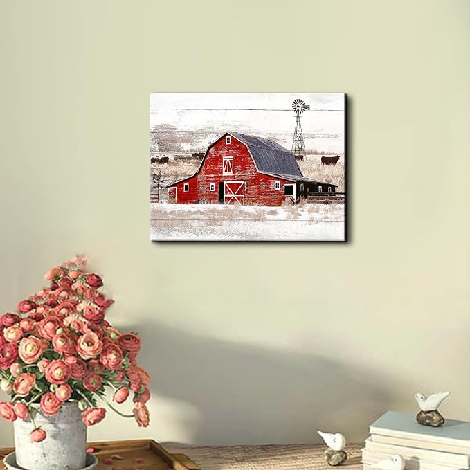 Farmhouse Barn Wall Art Kitchen Wall Decor Rustic Windmill Meadow Landscape Picture Canvas Prints Vintage Farm House Red Barn Scenery Painting Countryside Cow Poster Artwork Home Decorations 12x16”