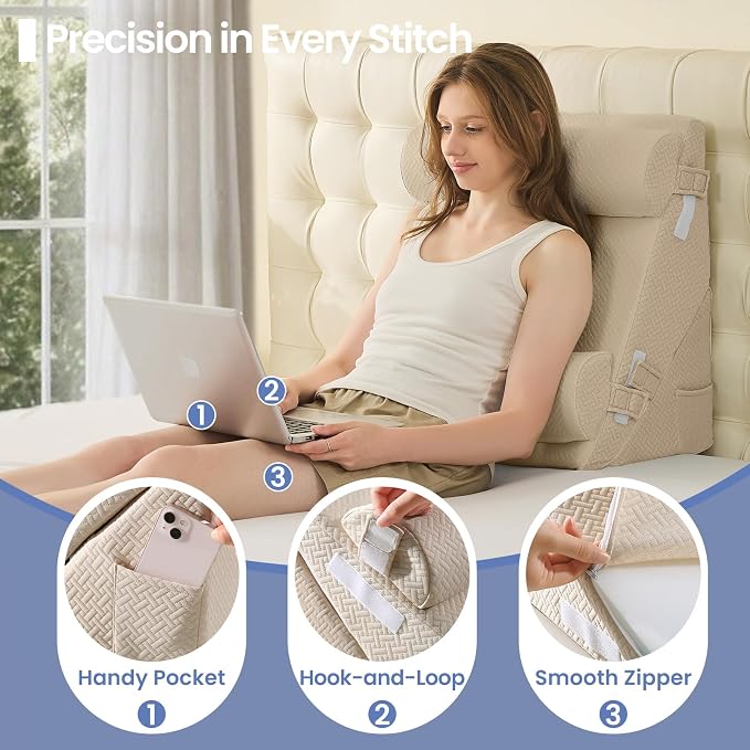 Sasttie Adjustable Wedge Pillow Set for After Surgery, Beige | 2PCS Bed Wedge Pillow Headboard with Memory Foam Neck Cushion, for Acid Reflux, Sleeping, Neck & Back Support