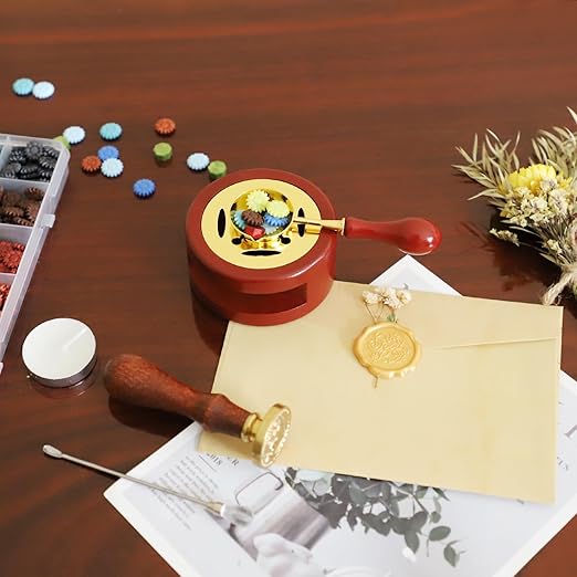 Red Brown Wax Seal Warmer Furnace Kit with Spoon & Stir Stick and Tealight Candles Set for Wedding Wax Envelope Seal Stamp (Red)