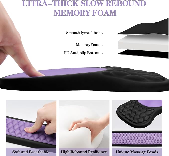 Ergonomic Wrist Rest for Keyboard and Mouse Pad Support Set, Soft Memory Foam Massage Design Relieves Wrist Pain, Non-Slip PU Base for Computer Desk (2-in-1 * Black + Purple)