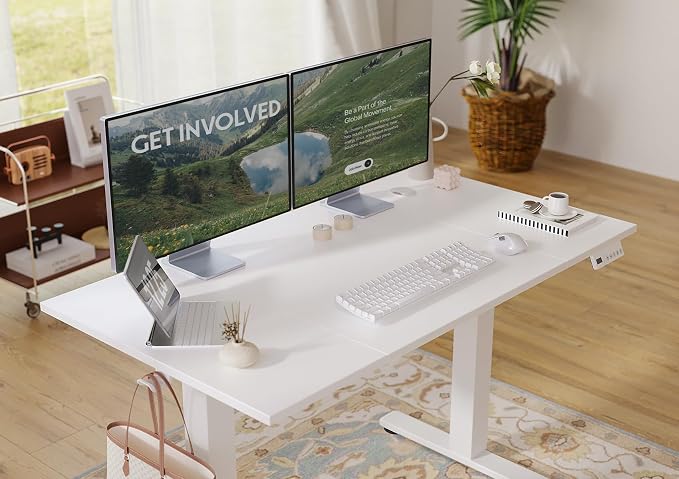 Seang Electric Standing Desk Adjustable Height, 48 x 24 Inch Sit Stand Desk with T-Shaped Frame, 3 Memory Presets & Cable Management for Home Office Computer Workstation, White Frame/White Top