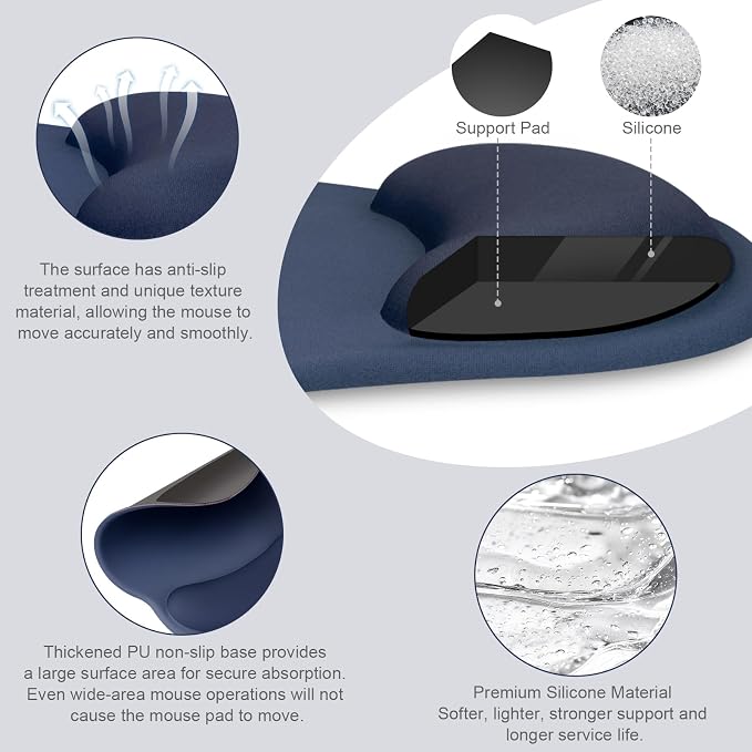 MOSISO Wrist Rest Support for Mouse Pad&Keyboard Set, Streamline Ergonomic Mousepad&Coaster Non-Slip Base Home/Office Pain Relief&Easy Typing Pad with Soft Cloth&Silicone Lining, Navy Blue