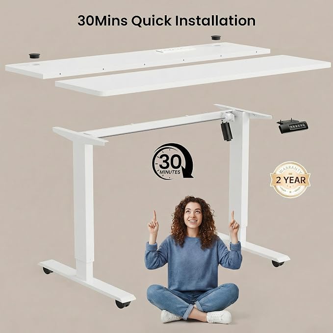 Electric Adjustable Height Standing Desk, 55×24 Inches Sit Stand Desk with Power Socket, 2 USB Ports, 3 Power Outlets, 4 Wheels,4 Memory Buttons Home Office Computer Workstations(White)