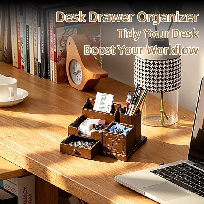 Bamboo Desk Organizer with Drawer, Wood Pen Holder & Card Slot, Brown | Desktop Storage Caddy, Office & Home | Natural Solid Bamboo, No Assembly, Non-Slip Base | Multi-Compartment, Ready to Use