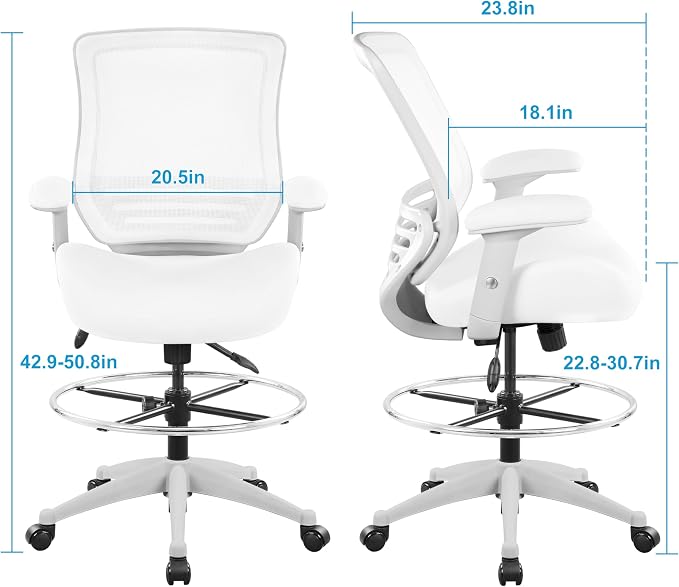 BOLISS 400lbs Mesh Ergonomic Office Drafting Chair Big Adjustable Foot Ring Height Adjustable Armrest (Wht)