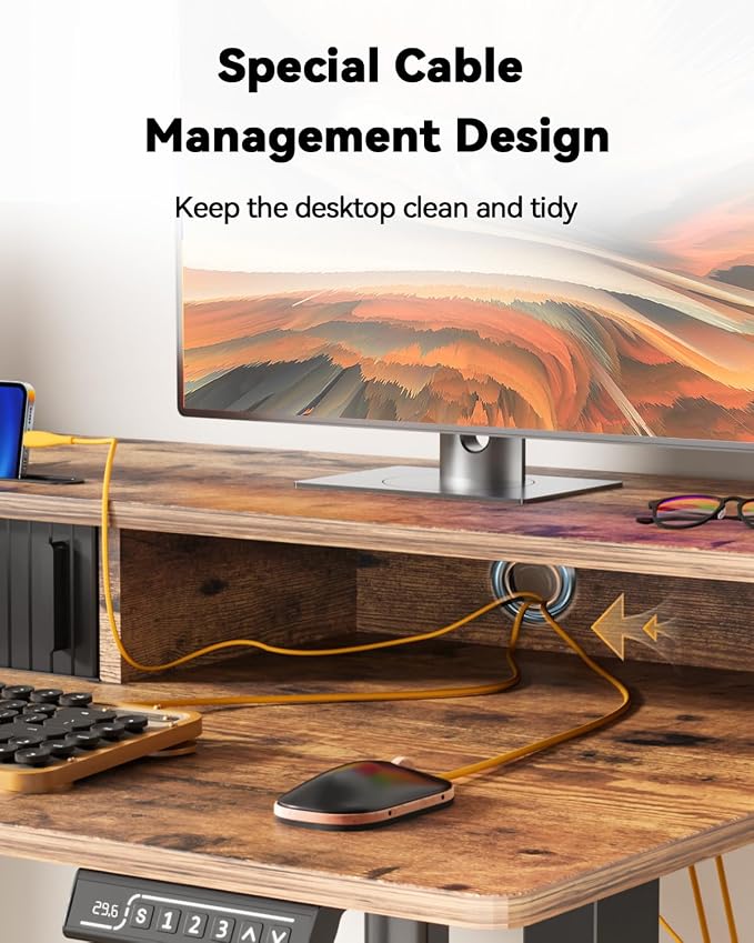 JOY worker 35" Small Electric Adjustable Desk with Monitor Stand & Drawer | Rustic Brown 35" x 25" Height Adjustable Desk for Tight Space, Shutter Door & Shelf, Sit Stand Desk with 2 Hooks, Home Office