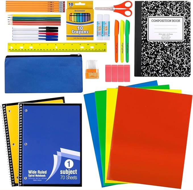 Trailmaker 12 Pack Bulk School Supply Kits | 45 Piece Classroom Supply Sets for Elementary & Middle School | Notebooks, Pencils, Crayons & Essentials | Back to School Supply Kit for Students All in One Set