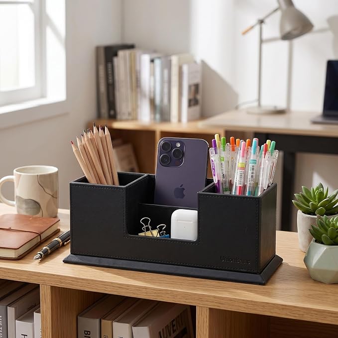 UnionBasic Desk Organizer, Desktop Caddy Leather Multi-compartment Pen Holder Office Stationer Organizer, Black