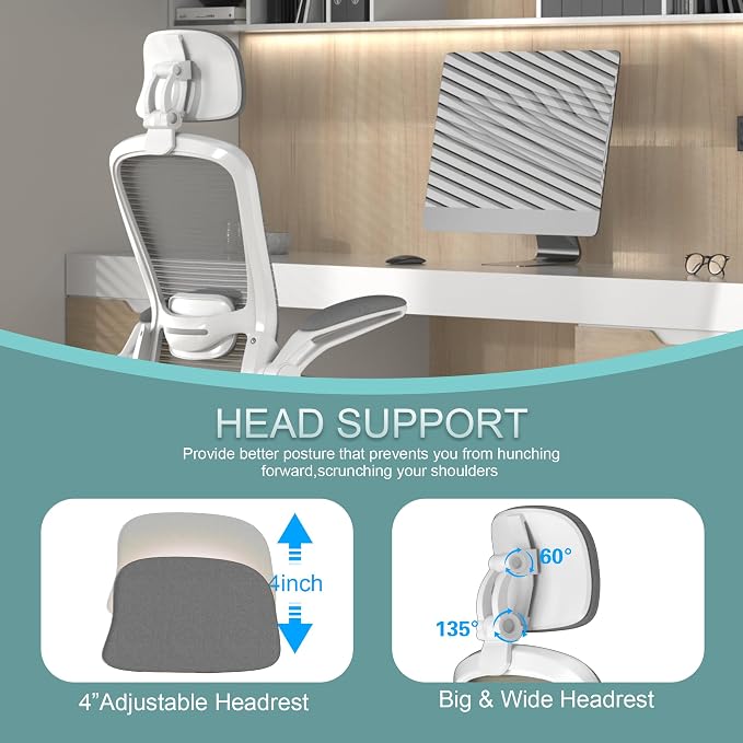 Mimoglad Office Chair, High Back Ergonomic Desk Chair with Adjustable Lumbar Support and Headrest, with flip-up Armrests for Guitar Playing, 5 Years Warranty (Modern, Charcoal (White Frame))