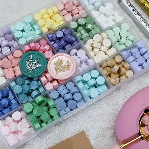 Eucalyptus Wax Seal Kit with 24 Colors WaxSealBeads 624pcs,Electric WaxSeal Warmer, Eucalyptus WaxSeal Stamp, SealingWax Spoon, WaxSealPen, Tweezer,Wax Seal Stamp kit (24C)