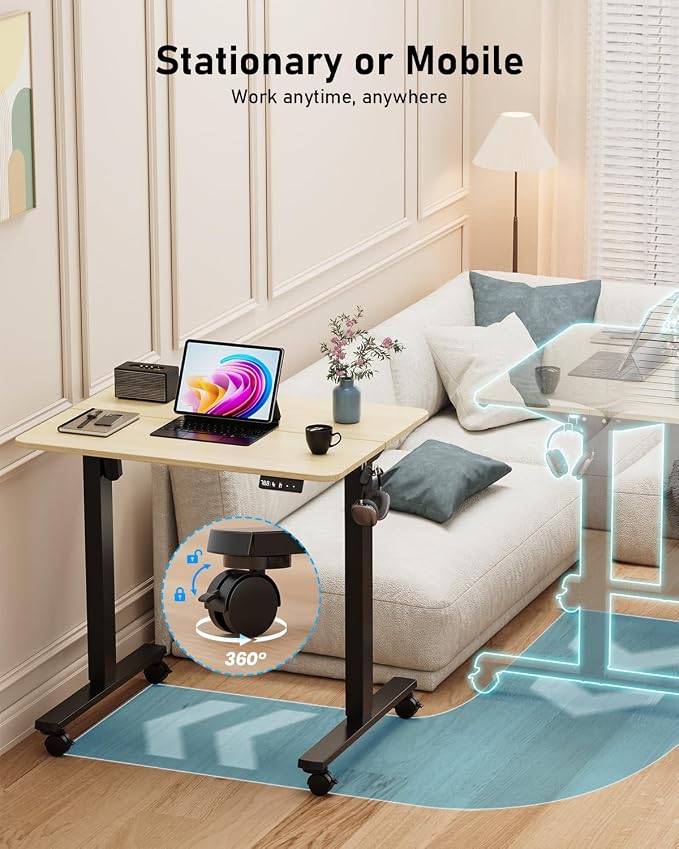 32" Small Rolling Electric Standing Desk Adjustable Height for Home Office | Mobile Sit Stand up Desk with Lockable Casters for Computer Workstation, Memory Preset, 2 Hooks, Black Frame/LightWalnut Top