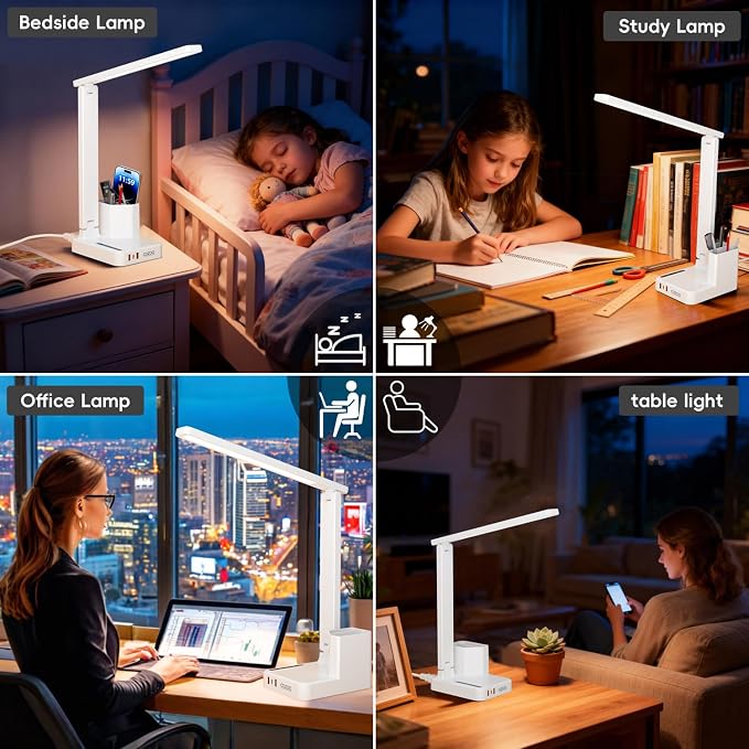 COZOO Dimmable Desk Table Lamp with Pen Holder/Organizer,Study LED Desk Lamp with USB Charging Port/Type C Port/Outlets/Storage Box/Touch,Kids Desk Reading Light for Students,Desk Lamp for Home Office