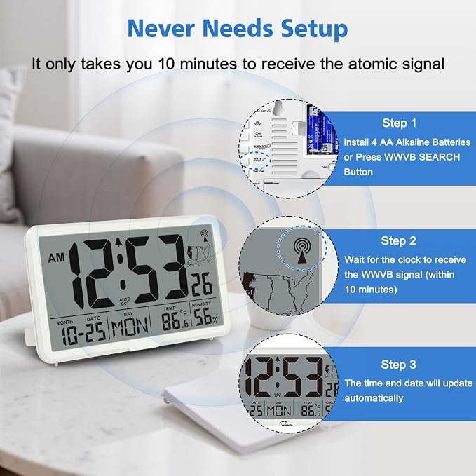 WallarGe Atomic Wall Clock with Backlight, Battery Operated | Large Digital Display, Indoor Temperature, Humidity, Date, AUTO DST, 6 Time Zones