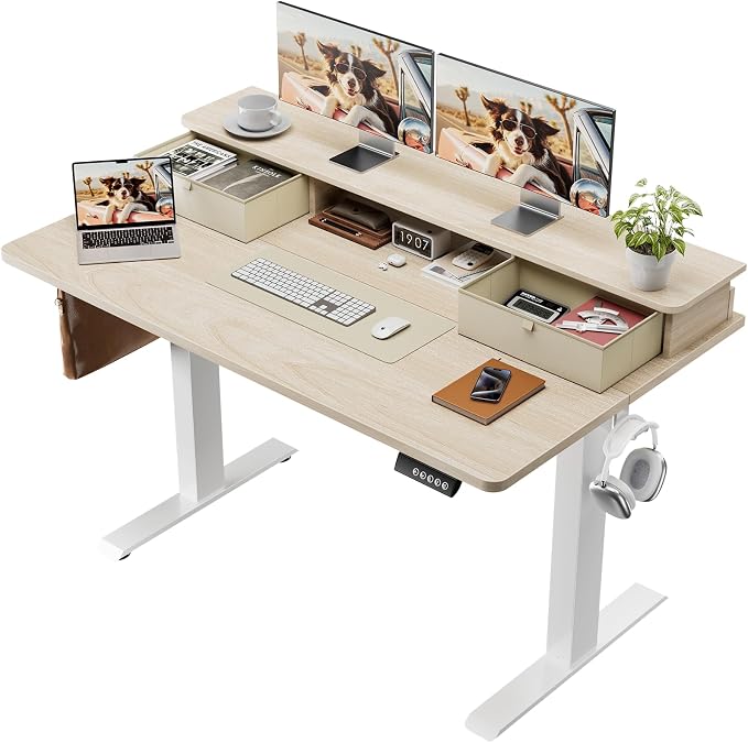 Veken 47x28 in Electric Standing Desk with Drawers, Adjustable Table, Wood | Stand up Computer Desk for Home Office, Work & Study, with Storage, 3 Memory Presets, Cable Organizer, Hook, and Quiet Lift.