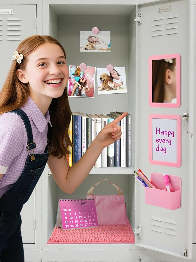 Locker Accessories Kit - 9 Pcs Light Pink Locker Organizer Stuff for Girls, Back to School Supplies Include Locker Rug Magnetic Whiteboard Mirror Dry Erase Marker Holder and More Decor Essentials