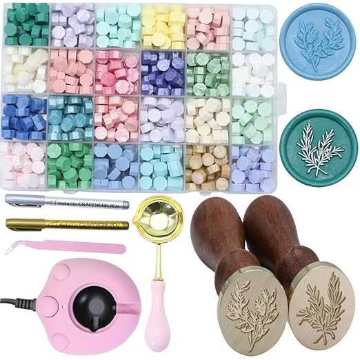 Eucalyptus Wax Seal Kit with 24 Colors WaxSealBeads 624pcs,Electric WaxSeal Warmer, Eucalyptus WaxSeal Stamp, SealingWax Spoon, WaxSealPen, Tweezer,Wax Seal Stamp kit (24C)