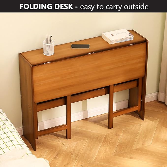 Modern Folding Computer Desk, Walnut Bamboo, 31 Inch, Space Saving, 1 Shelf