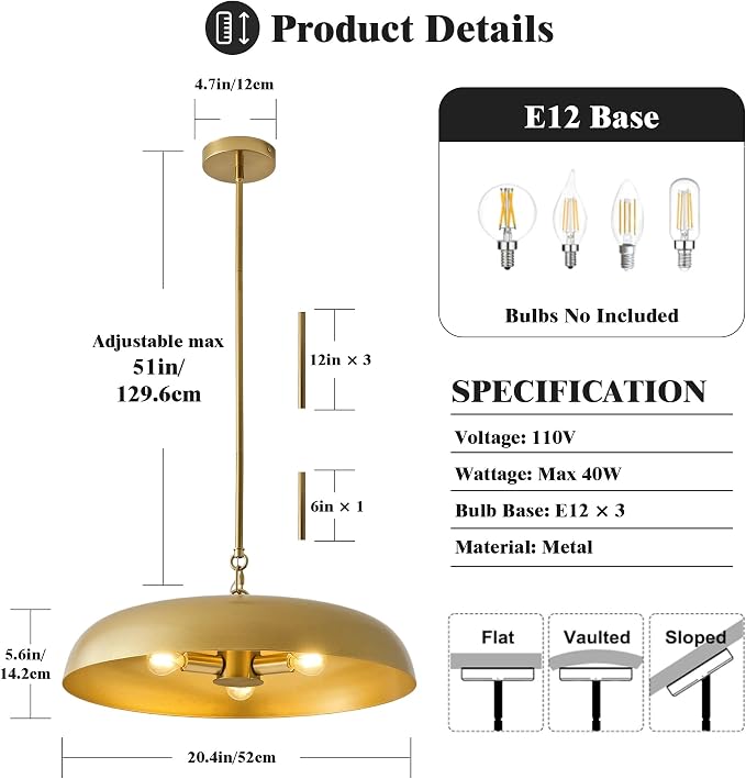 Large Pendant Lights Kitchen Island 20.4in, Gold Dining Room Fixture | 3-light hanging dome chandelier, modern all-metal frame, adjustable 18-54in downrod, E12 40W base, for over table bar cafe