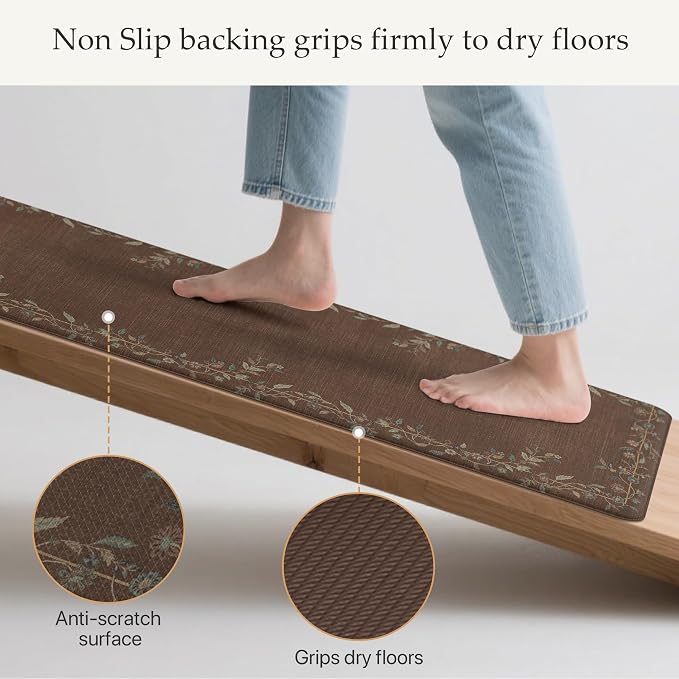 GENIMO Anti Fatigue Kitchen Mats for Floor 2PCS, Cushioned Standing Mats | 17.3"x59"&17.3"x30", Red Brown vintage floral rug set, waterproof, non slip, easy-clean for farmhouse