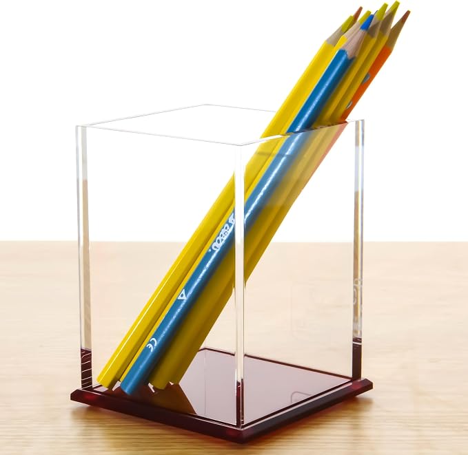 Red Acrylic Pencil Pen Holder Cup, Desk Accessories Holder,Makeup Brush Storage Organizer, Modern Design Desktop Stationery Organizer for Office School Home Supplies, 3.1x 3.1x 4.3 inch