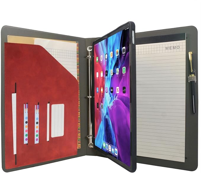 Tablet Organizer Portfolio Case with 3-Ring Binder, Binder Padfolio File Folder with Removable Tablet Holder, Compatible with 12.9-inch iPad Pro 4th/5th/6th, Red