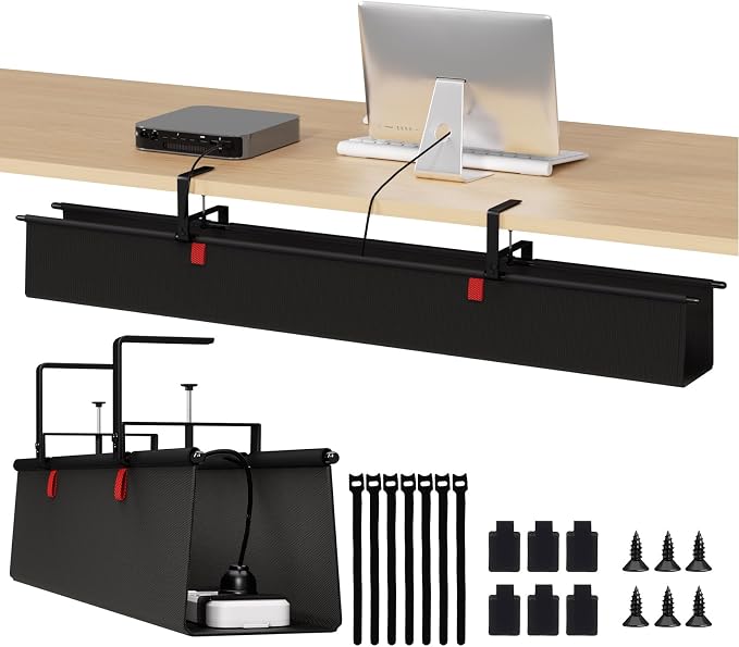 Under Desk Cable Management Tray, 48" Fabric Wire Cord Organizer, Black | No Drill Under Table Wire Organizer with 16X Cable Ties for Office/Home, Cord Hider Fit Adapters & Sockets, Clamp/Screw Mount