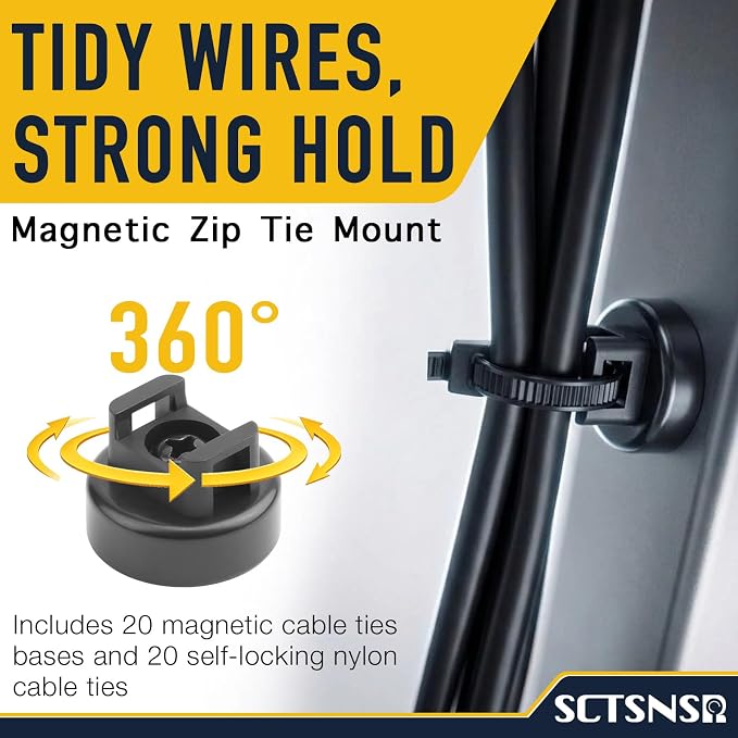 Magnetic Cable Holder, 20mm Zip Tie Mounts, Wire Holder, Cable Clips, Magnet Cable Tie Holders, Black Multipurpose Management, 20pcs Magnets With 20pcs Cable Zip Ties