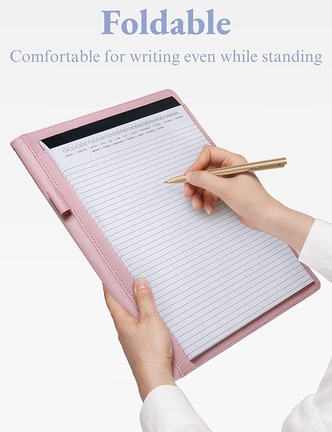 Mymazn Padfolio Portfolio Folder, Faux Leather Interview Resume Folder with Document Organizer & Business Card Holder, Letter-Sized Notepad Legal Pad Holder for Men Women (Pink)