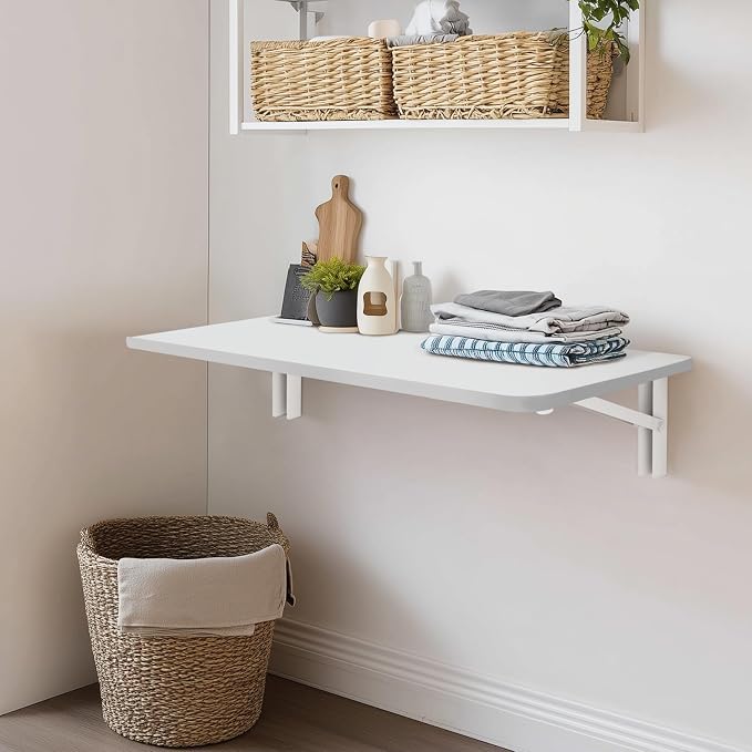 White Wall Mounted Folding Table 31.5"x19.7" Fold Down Wooden Wall Desk, Floating Table for Kitchen, Laundry Room, or Home Office