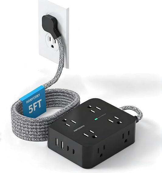 Flat Plug Power Strip Surge Protector, HANYCONY 5 Ft Flat Extension Cord with Multiple Outlets 4 USB C Ports, Multi Plug Outlet Extender Wall Mount for Home Office Desk