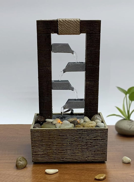 Nature's Mark 10" H 4 Tiered Cascading Tabletop Water Fountain with Natural River Rocks and LED Lights (Power Cord Attached)