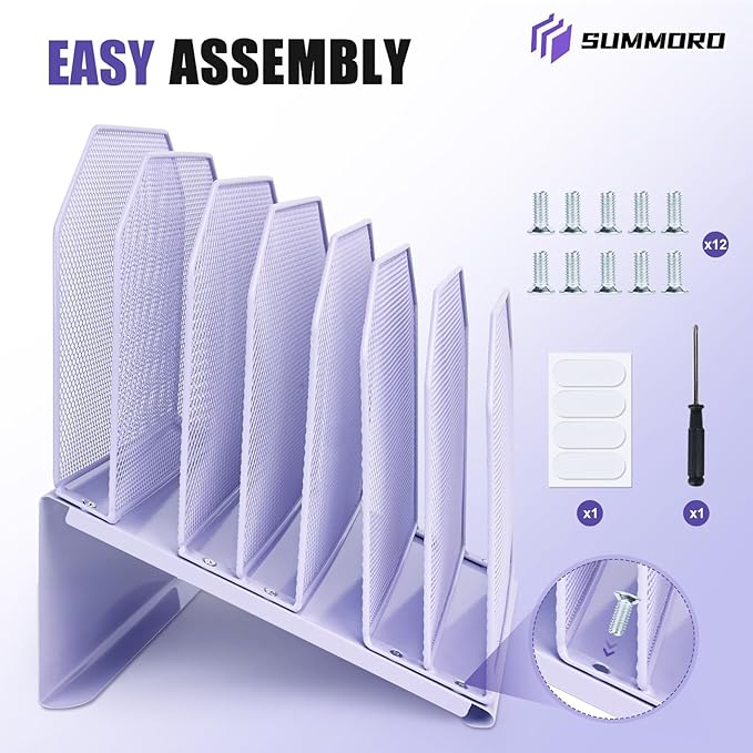 Inclined File Organizer for Desk, 7-Tier Vertical File Folder Holder Office Desk Organizer Metal Rack File Wire Mesh Desktop Document Sorter for Office School Classroom Home (Purple)