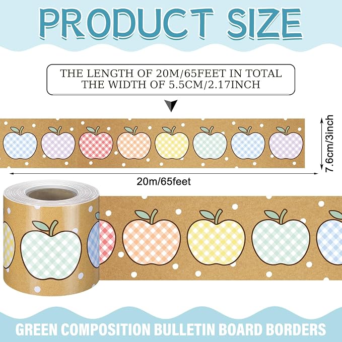 Zonon 65.6 Ft Kraft Bulletin Board Border Pastel Gingham Apple Themed Classroom Decor Straight Border Trim for Office Whiteboard Walls Desks Windows Doors Lockers