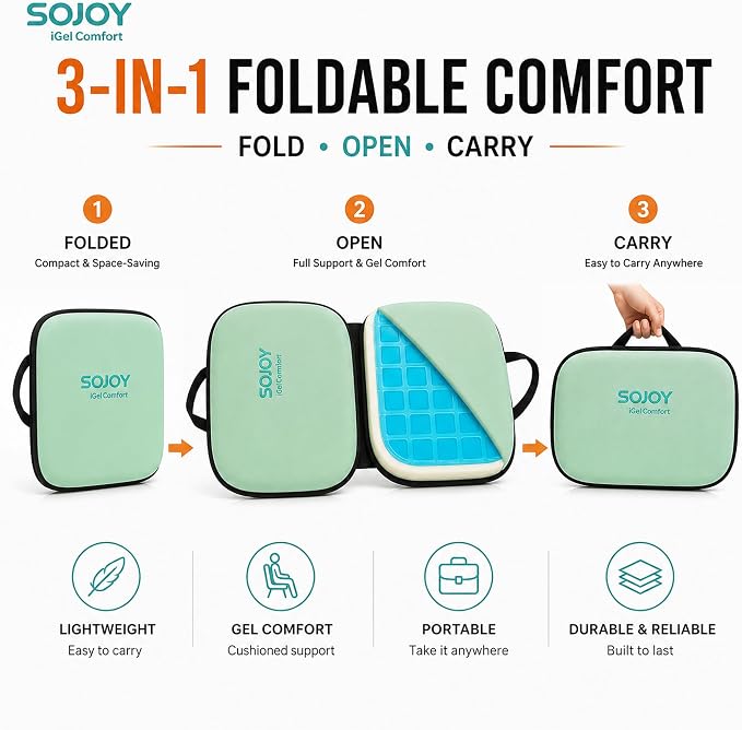 Sojoy 3-in-1 Foldable Gel Seat Cushion with Memory Foam Ergonomic Portable Cushion for Back Pain & Tailbone Relief - Perfect for Office Chair, Airplane Travel & Stadium Seats (18.5" x 15" x 2" Green)